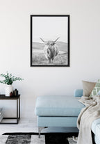 Sylvie Highland Cow Mountain Landscape Black and White Framed Canvas by The Creative Bunch Studio