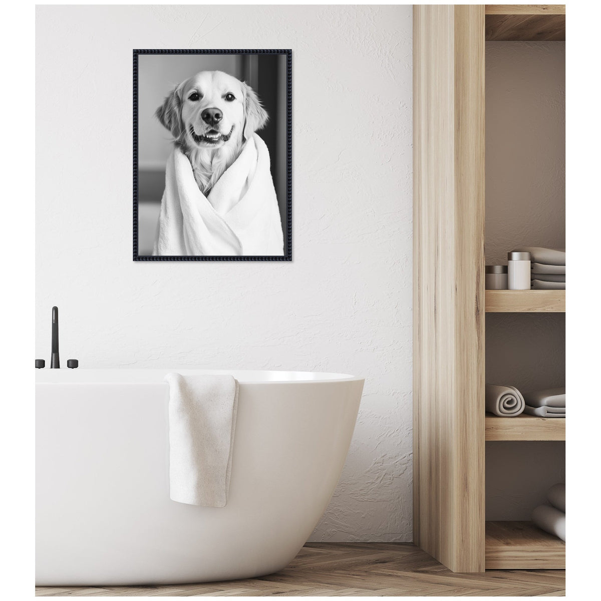Sylvie Golden Retriever Bathroom Towel Robe Black and White Framed Canvas by The Creative Bunch Studio