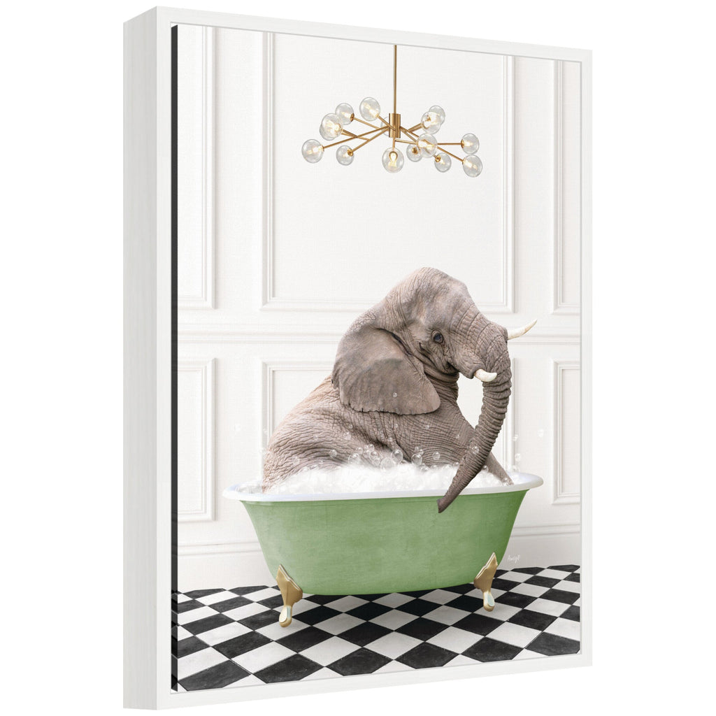Sylvie Young Elephant in Green Bathtub Checker Floor Framed Canvas by Amy Peterson