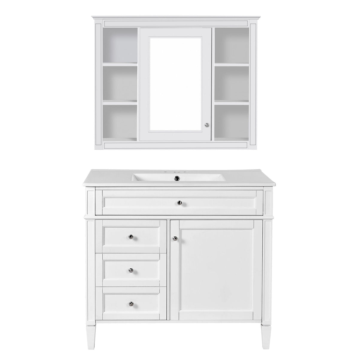Bathroom Vanity With Mirror Cabinet, Single Sink With 2 Soft Closing Doors And 4 Drawers