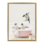 Sylvie Penguins Playing in Cottage Rose Bath Framed Canvas by Amy Peterson Art Studio