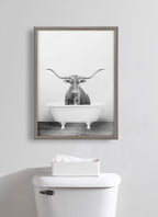 Blake Longhorn BW Bathroom Framed Printed Glass by Amy Peterson Art Studio