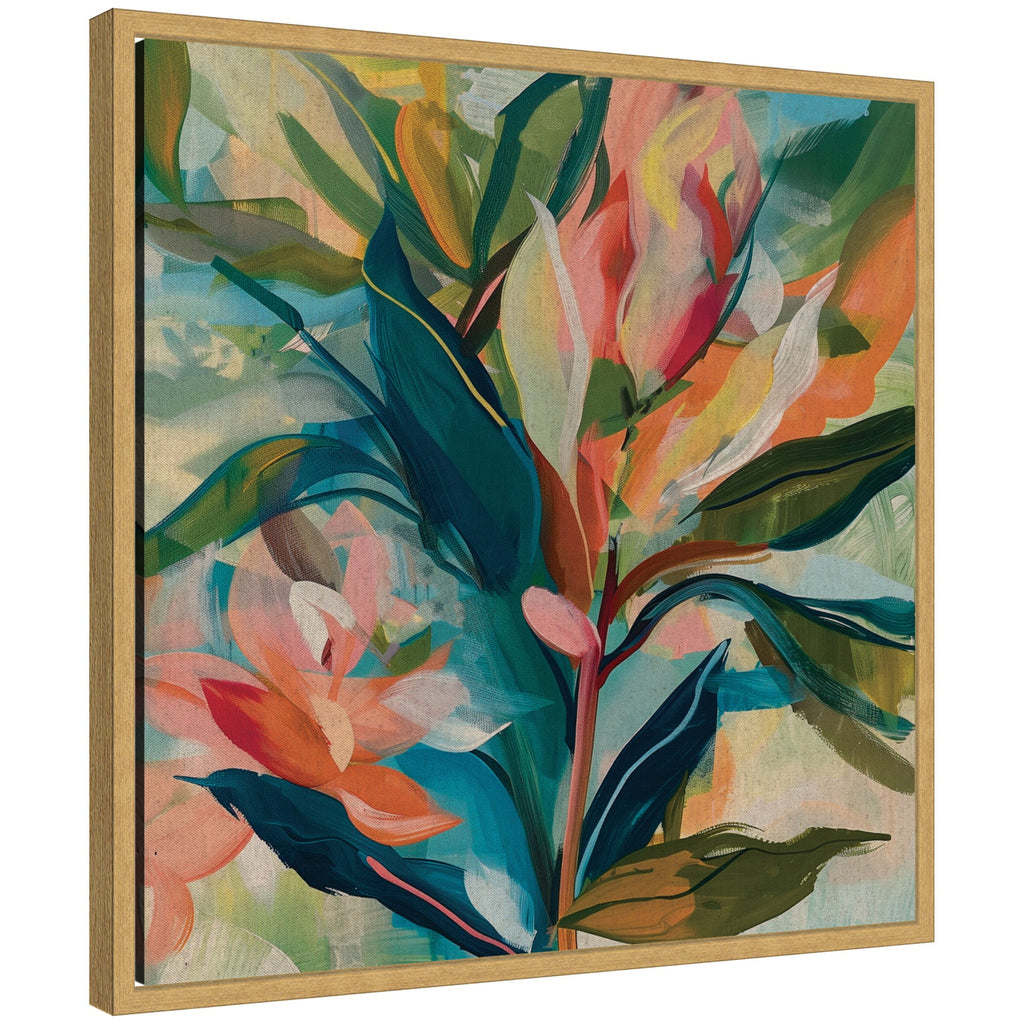 Sylvie Colorful Tropic Botanical Abstract Neutral Linen Framed Canvas by The Creative Bunch Studio