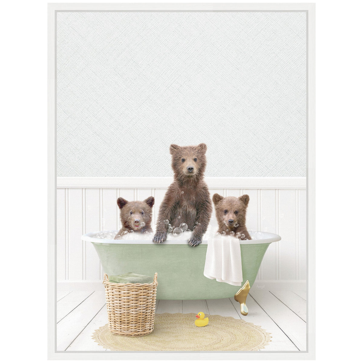 Sylvie Three Bear Cubs in Cottage Green Bath Framed Canvas by Amy Peterson