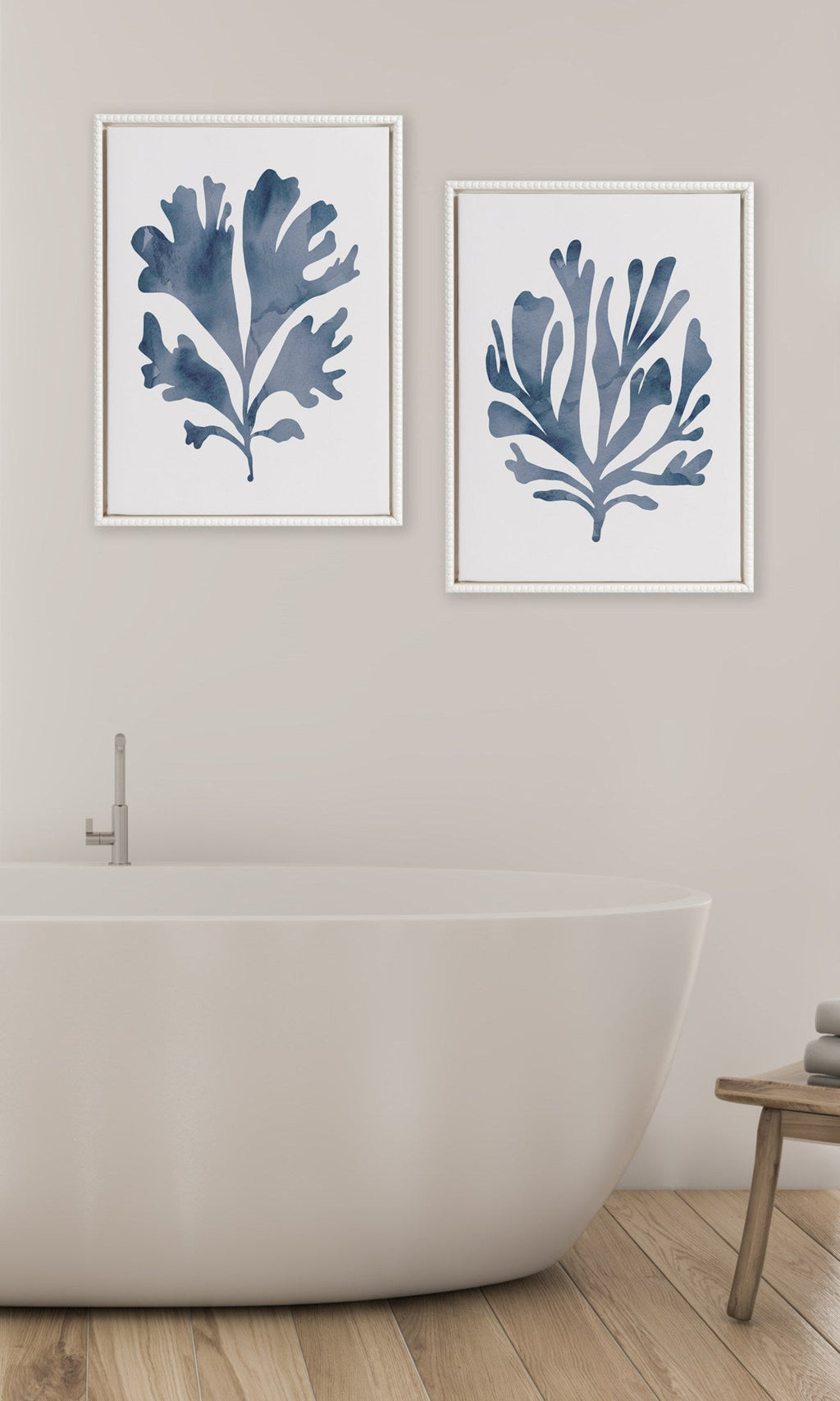 Sylvie Sophisticated Neutral Coral Blue 1 and 2 Framed Canvas Art Set by The Creative Bunch Studio