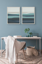 Sylvie Abstract Teal Beach Horizon Left and Right Framed Canvas by The Creative Bunch Studio