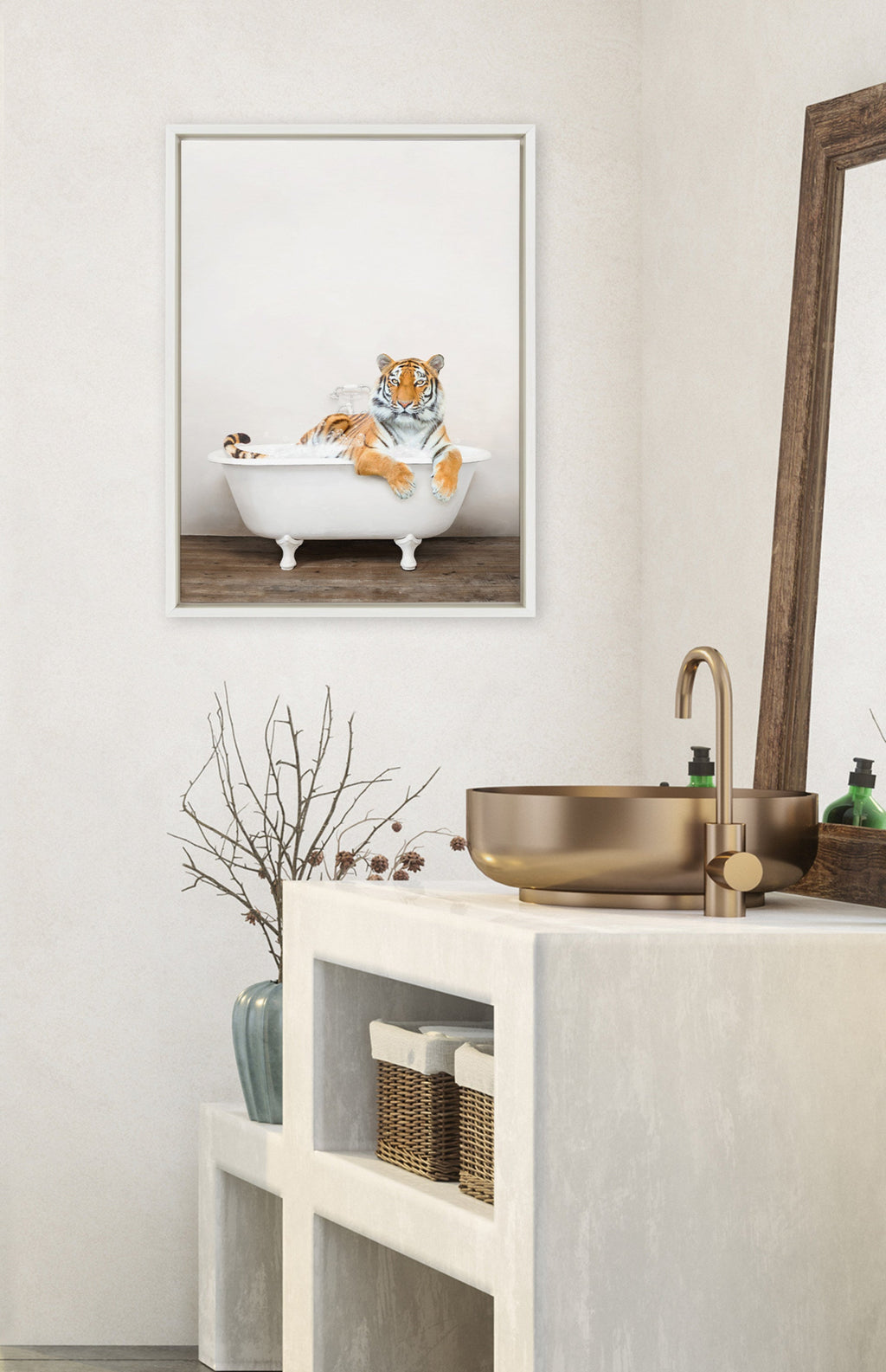 Sylvie Bengal Tiger in Rustic Bath Framed Canvas by Amy Peterson Art Studio