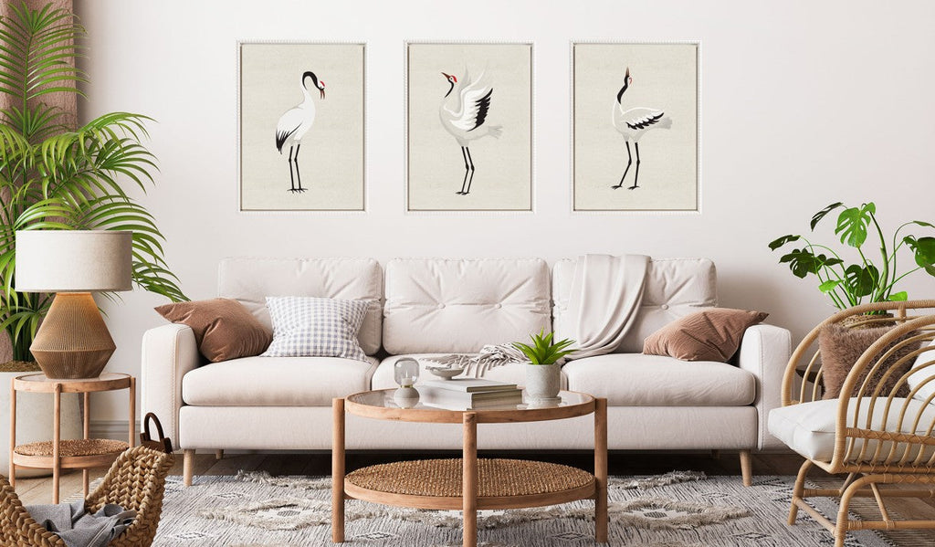 Sylvie Japanese Crane Bird with Red Crown 1. 2 and 3 Framed Canvas Art Set by The Creative Bunch Studio