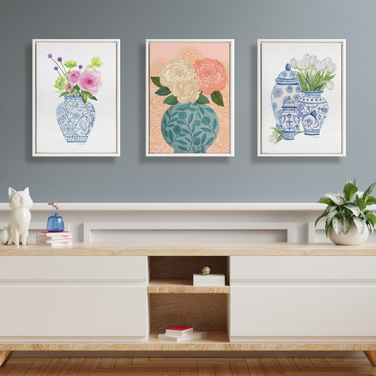 Sylvie Beaded Pink Blooms in Chinoiserie Framed Canvas by Patricia Shaw
