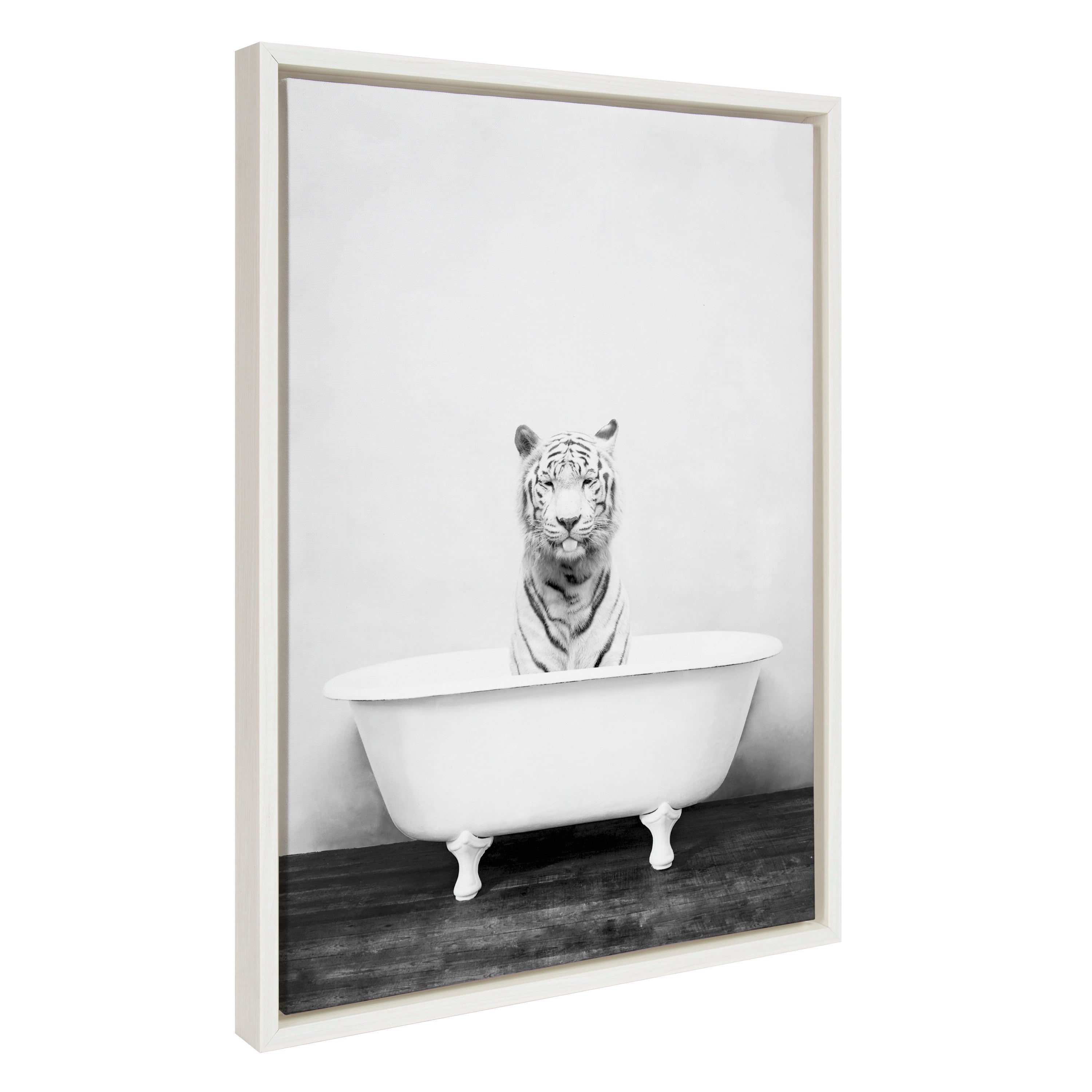 Sylvie White Tiger in The Bathtub Framed Canvas by Amy Peterson