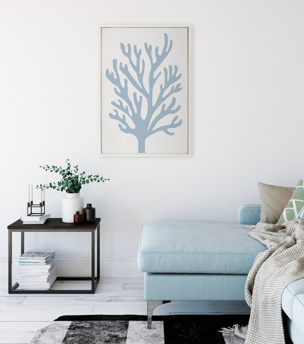 Sylvie Abstract Coral Ocean Blue Framed Canvas by The Creative Bunch Studio