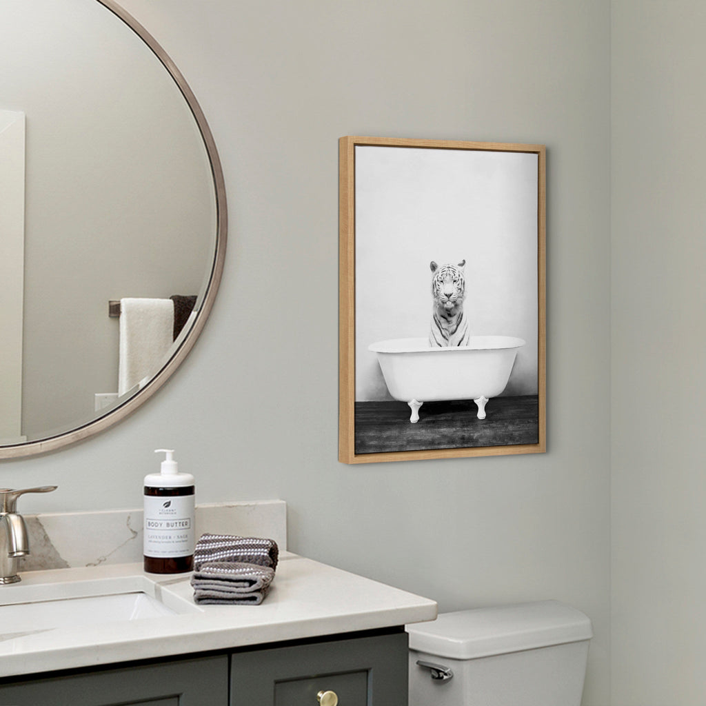 Sylvie White Tiger in The Bathtub Framed Canvas by Amy Peterson