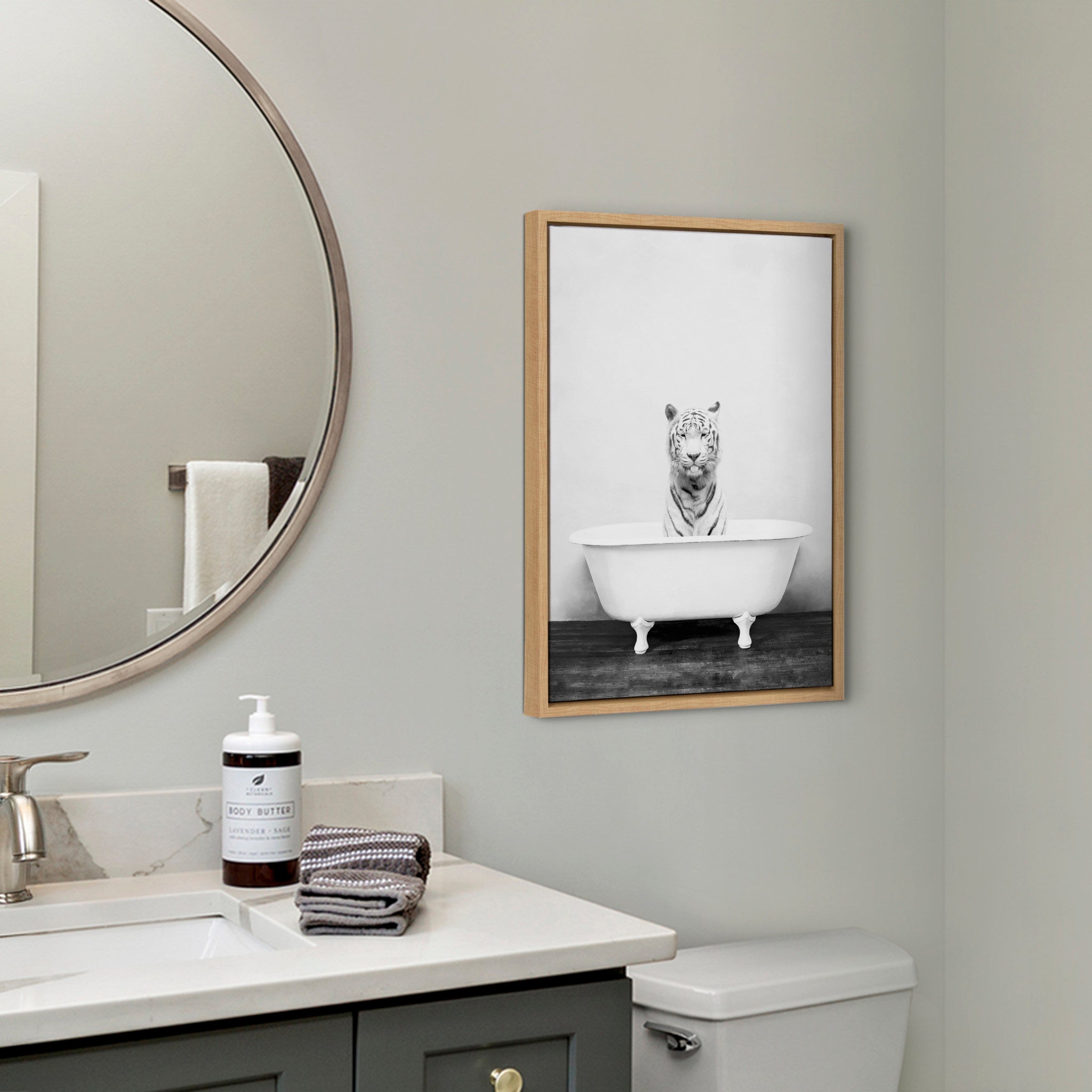 Sylvie White Tiger in The Bathtub Framed Canvas by Amy Peterson