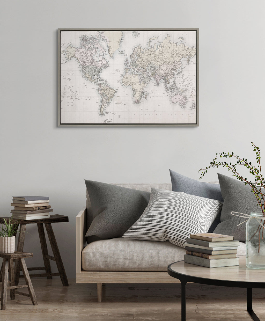 Sylvie Vintage World Map Framed Canvas by The Creative Bunch Studio