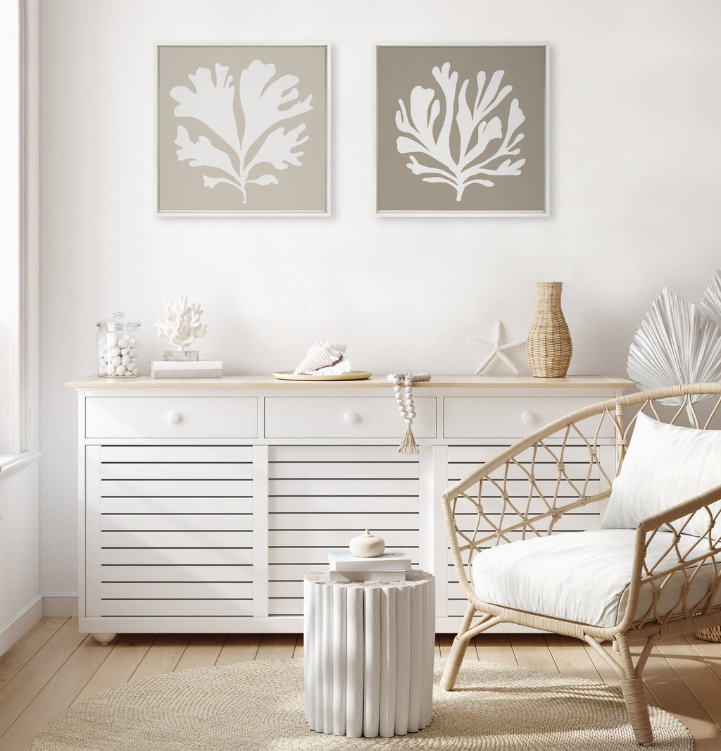 Sylvie Sophisticated Neutral Coral Tan Framed Canvas by The Creative Bunch Studio