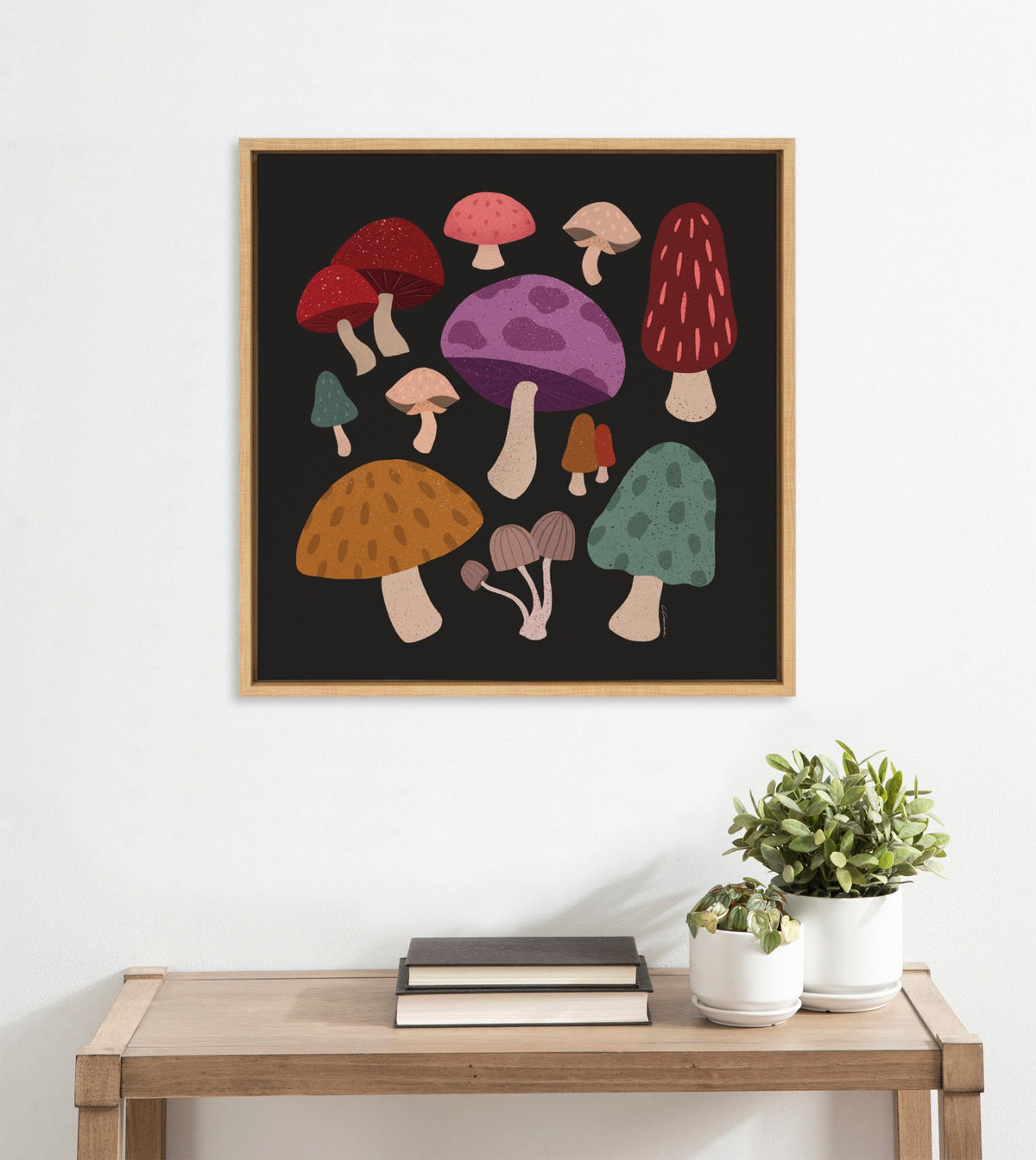 Sylvie Forest Mushrooms Dark Framed Canvas by Carey Copeland