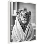 Sylvie Lion Bathroom Art Towel Robe Black and White Framed Canvas by The Creative Bunch Studio