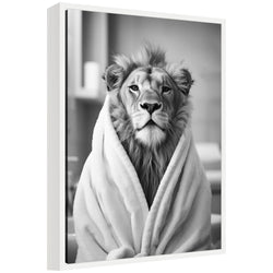 Sylvie Lion Bathroom Art Towel Robe Black and White Framed Canvas by The Creative Bunch Studio