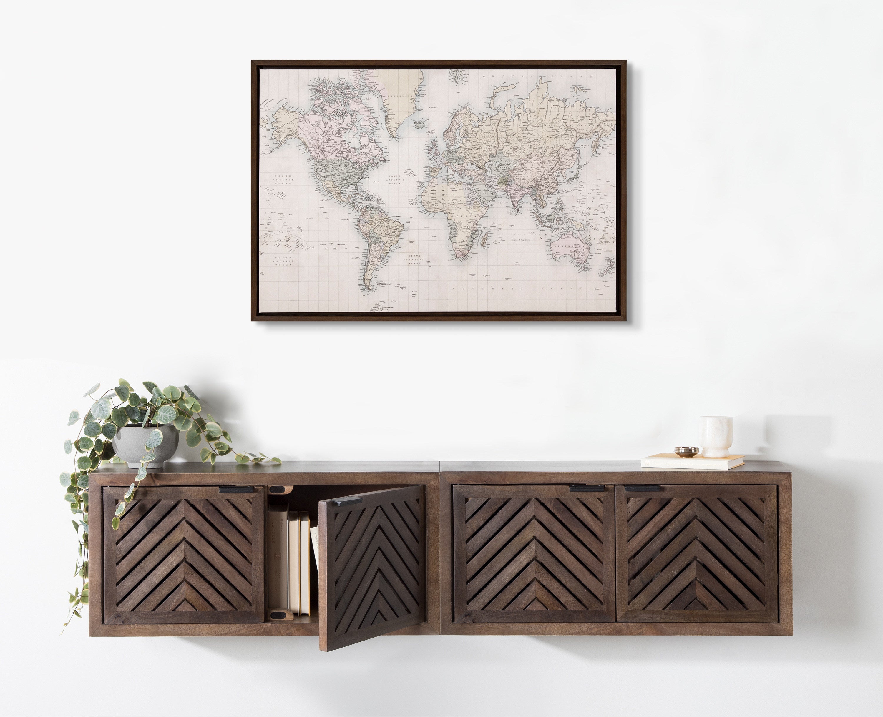 Sylvie Vintage World Map Framed Canvas by The Creative Bunch Studio