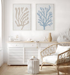 Sylvie Abstract Coral Ocean Blue Framed Canvas by The Creative Bunch Studio