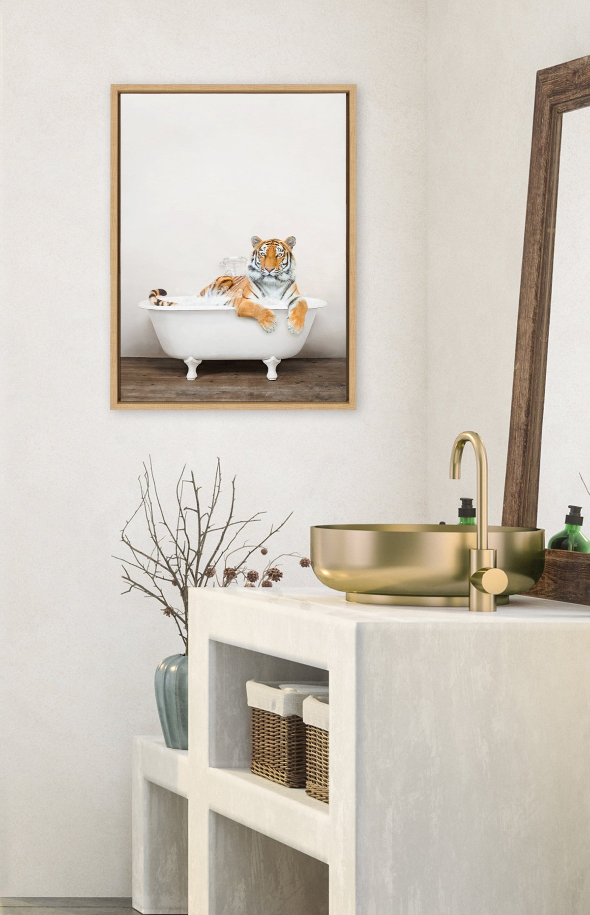 Sylvie Bengal Tiger in Rustic Bath Framed Canvas by Amy Peterson Art Studio