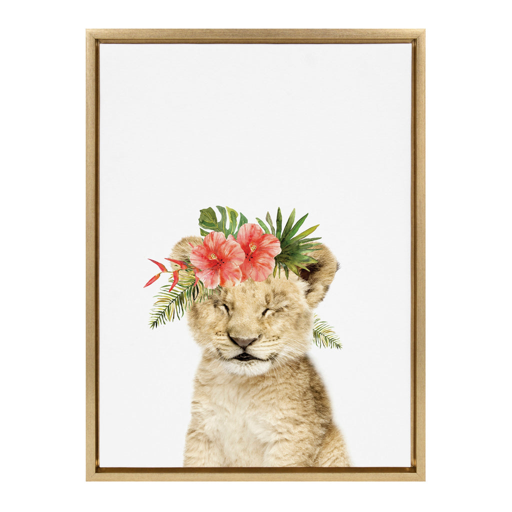Sylvie Flower Crown Lion Cub Framed Canvas by Amy Peterson Art Studio
