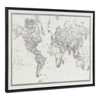 Sylvie Vintage Black and White World Map Framed Canvas by The Creative Bunch Studio