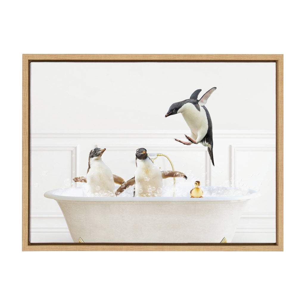 Sylvie Penguins In Bubble Bath Neutral Style Framed Canvas by Amy Peterson Art Studio