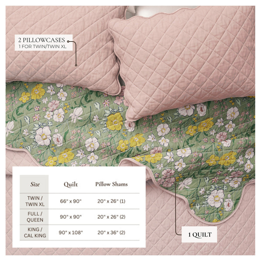 Floral Print & Scalloped Cotton Quilt Set - Gwen Collection