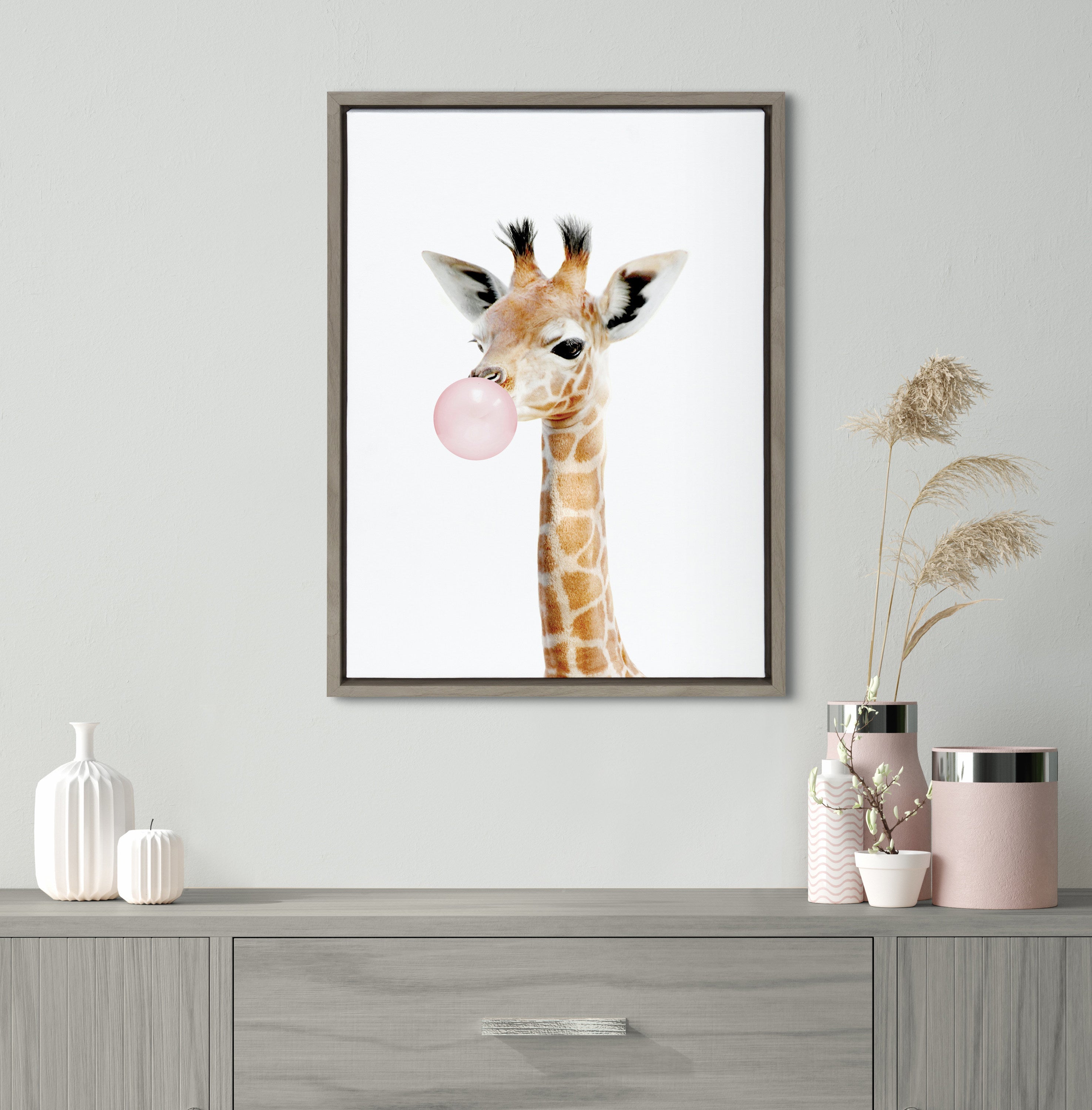Sylvie Bubble Gum Giraffe Framed Canvas by Amy Peterson Art Studio
