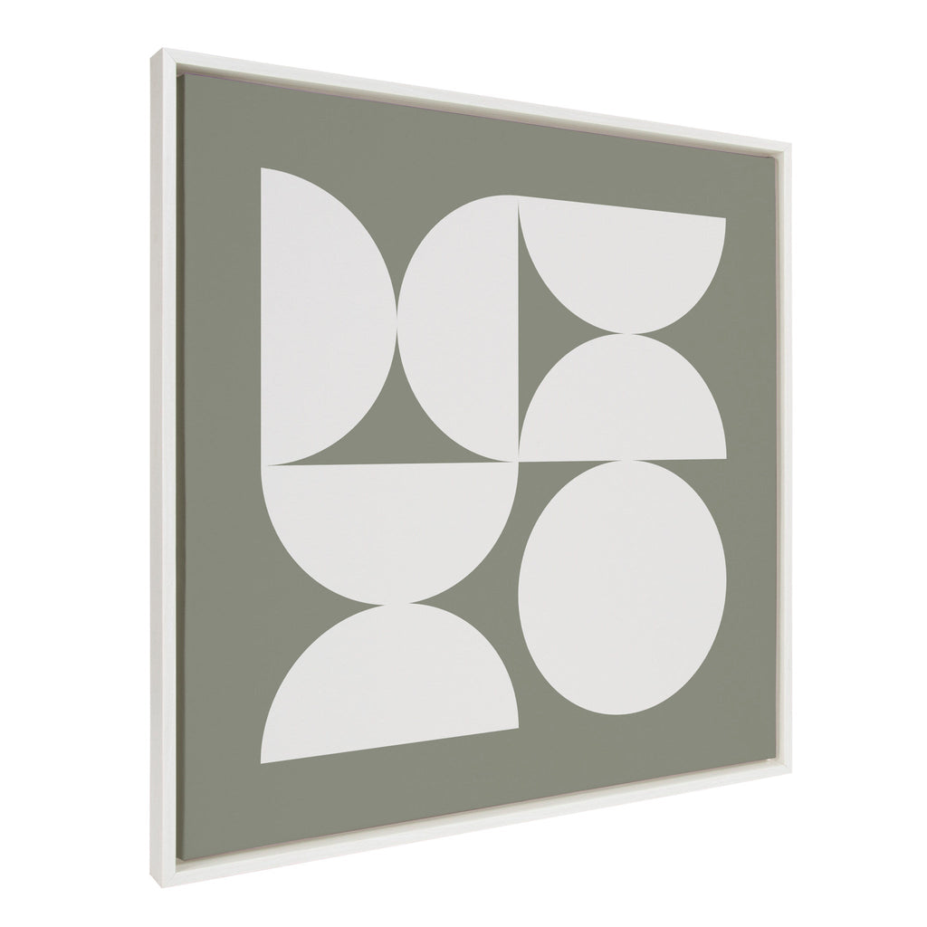 Sylvie Bold Vintage Geometric Soft White on Sage Green Framed Canvas by The Creative Bunch Studio
