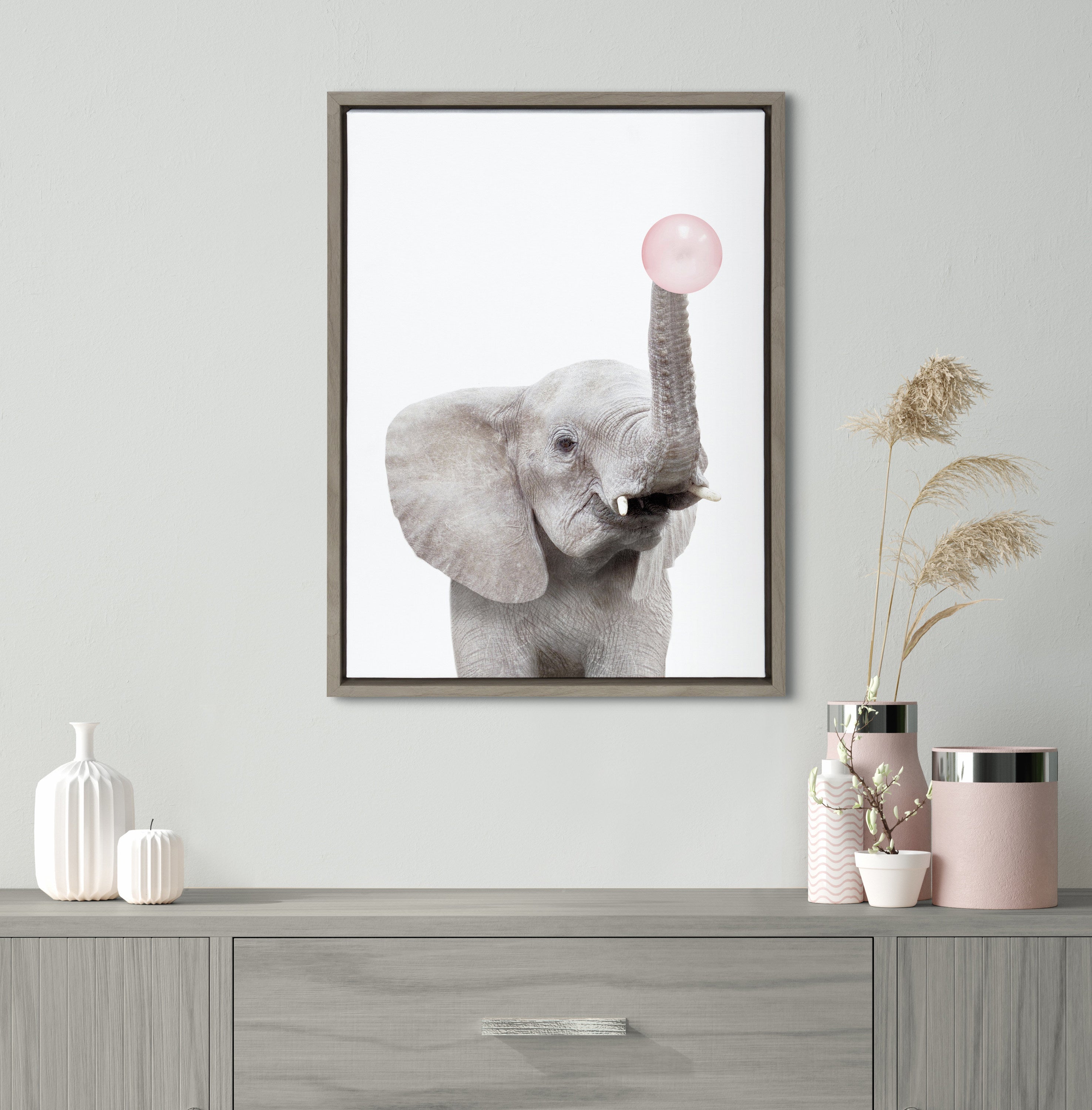 Sylvie Bubble Gum Elephant Framed Canvas by Amy Peterson Art Studio
