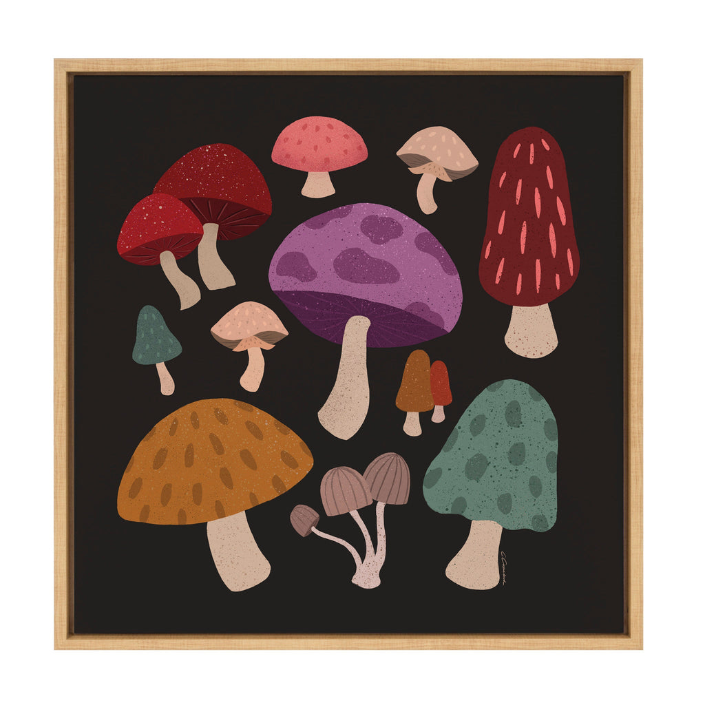 Sylvie Forest Mushrooms Dark Framed Canvas by Carey Copeland
