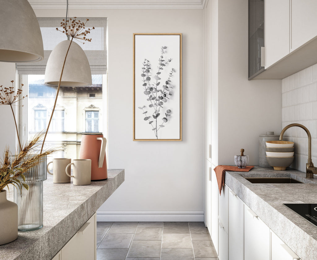 Sylvie Eucalyptus Botanical I Gray and Soft White Framed Canvas by The Creative Bunch Studio