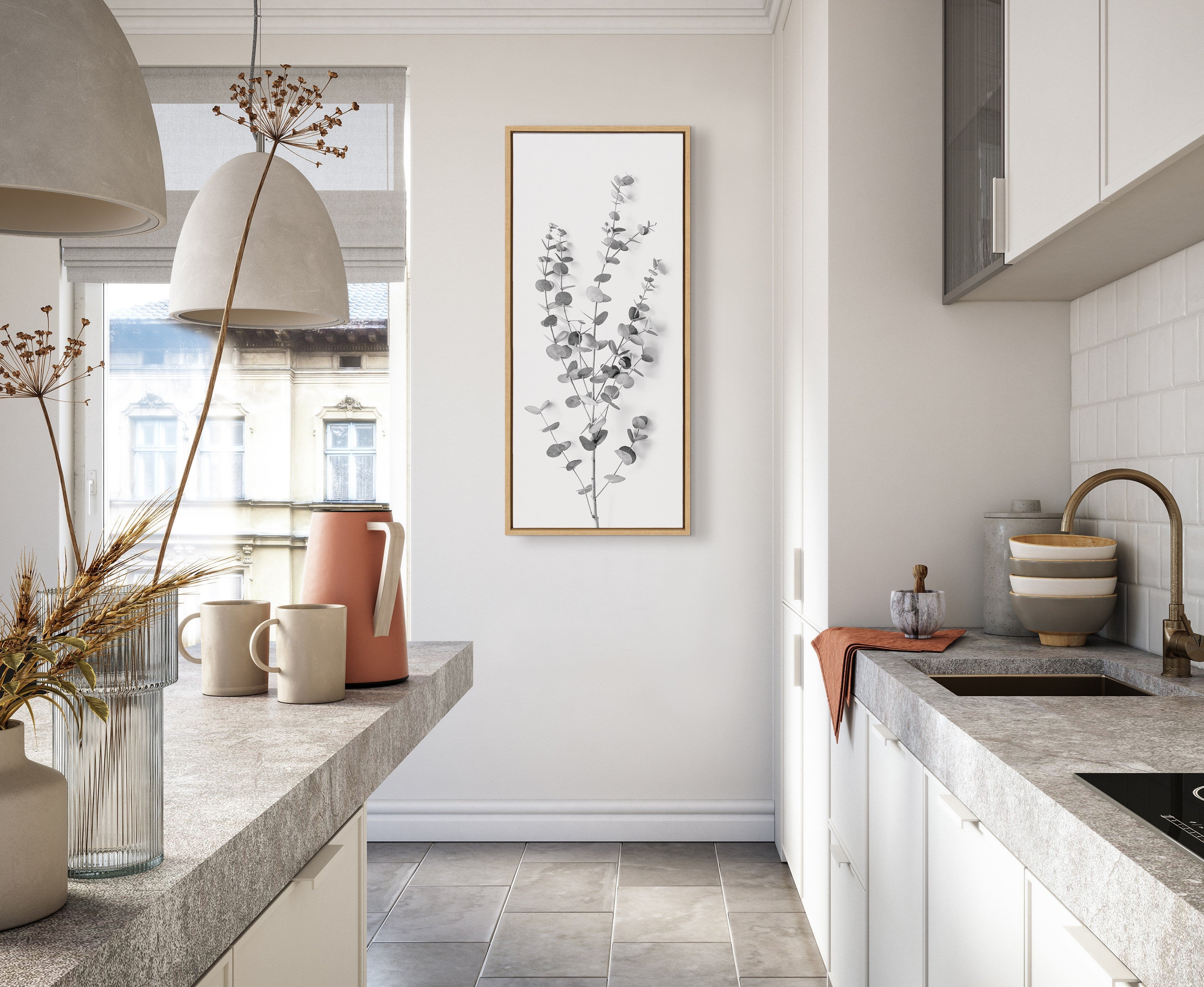 Sylvie Eucalyptus Botanical I Gray and Soft White Framed Canvas by The Creative Bunch Studio