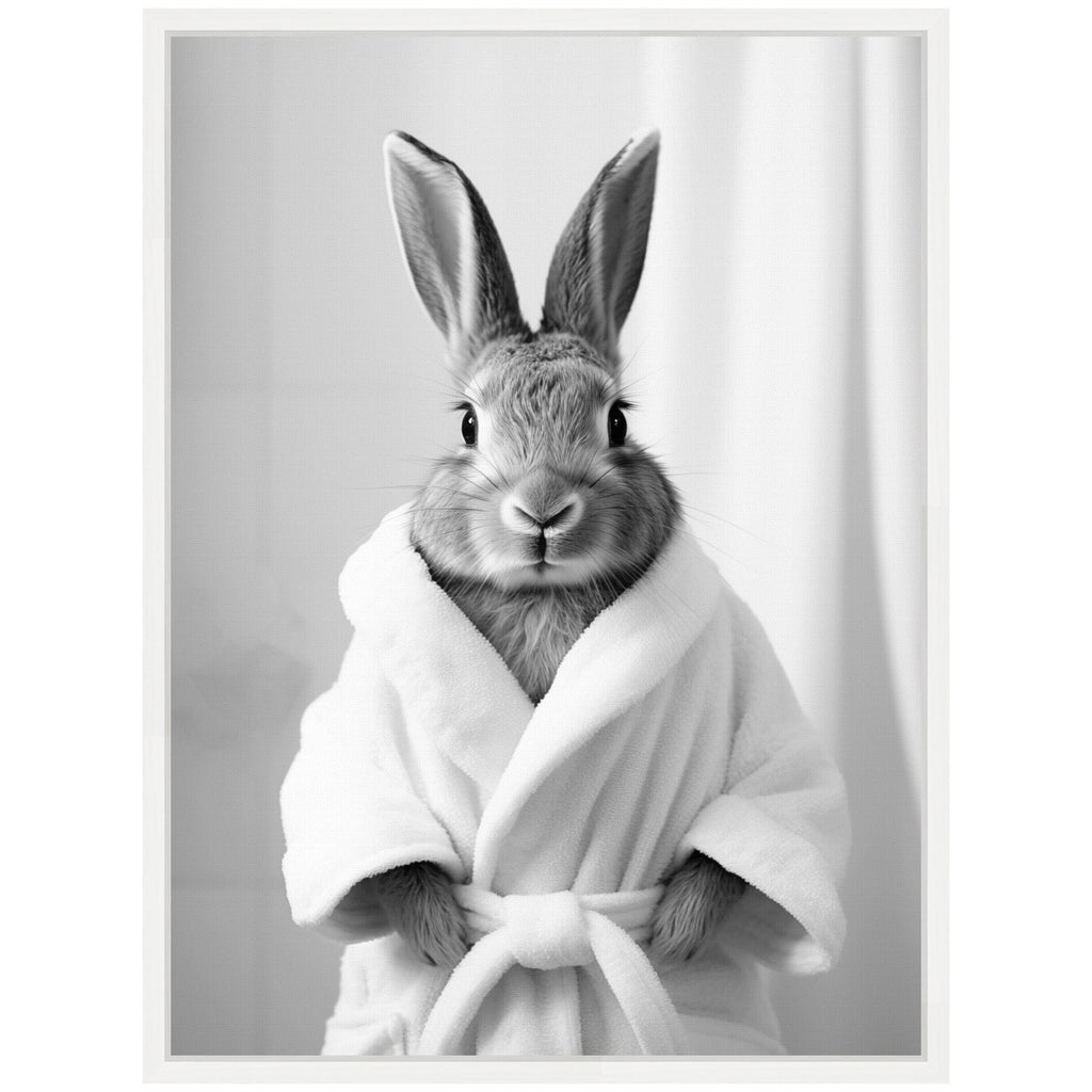 Sylvie Bunny Bathroom Art Towel Robe Black and White Framed Canvas by The Creative Bunch Studio