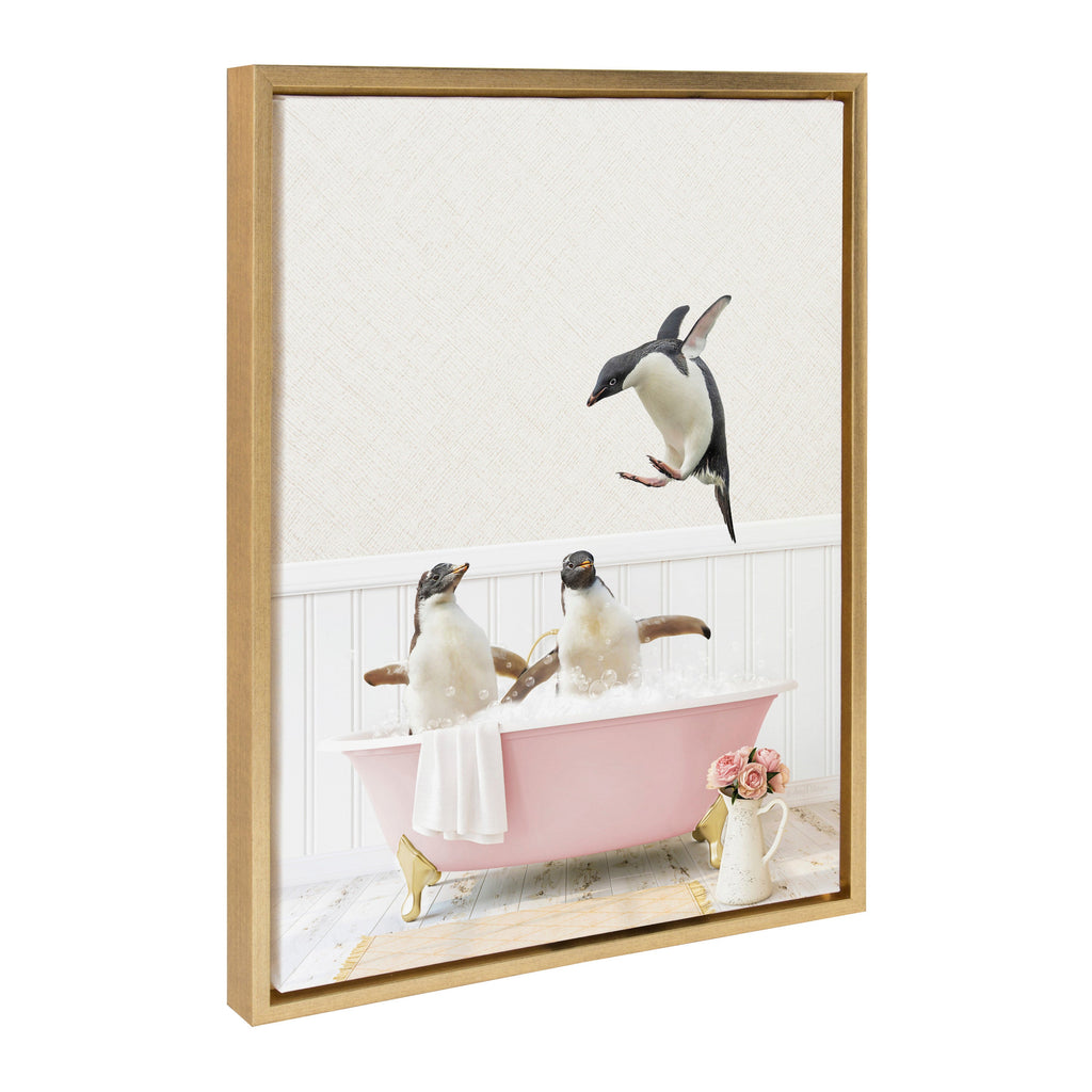 Sylvie Penguins Playing in Cottage Rose Bath Framed Canvas by Amy Peterson Art Studio