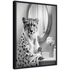 Sylvie Cheetah Glam Bathroom Towel Robe Black and White Framed Canvas by The Creative Bunch Studio