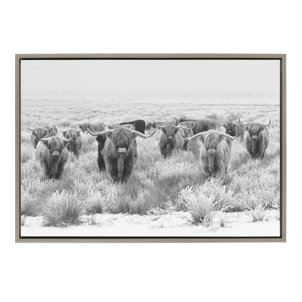 Sylvie Herd of Highland Cows Black and White Framed Canvas by The Creative Bunch Studio