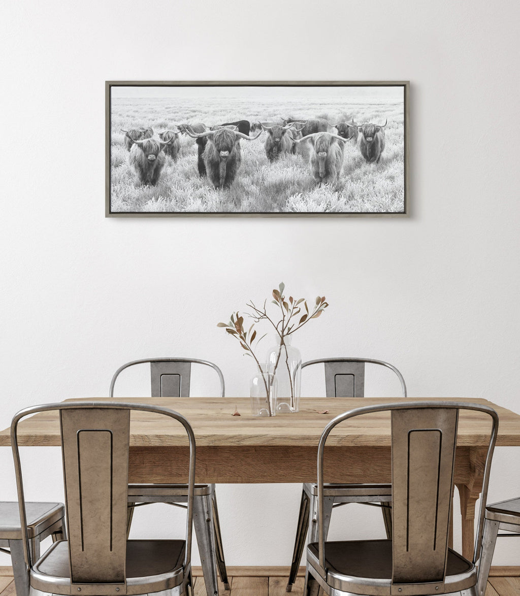 Sylvie Herd of Highland Cows Black and White Framed Canvas by The Creative Bunch Studio
