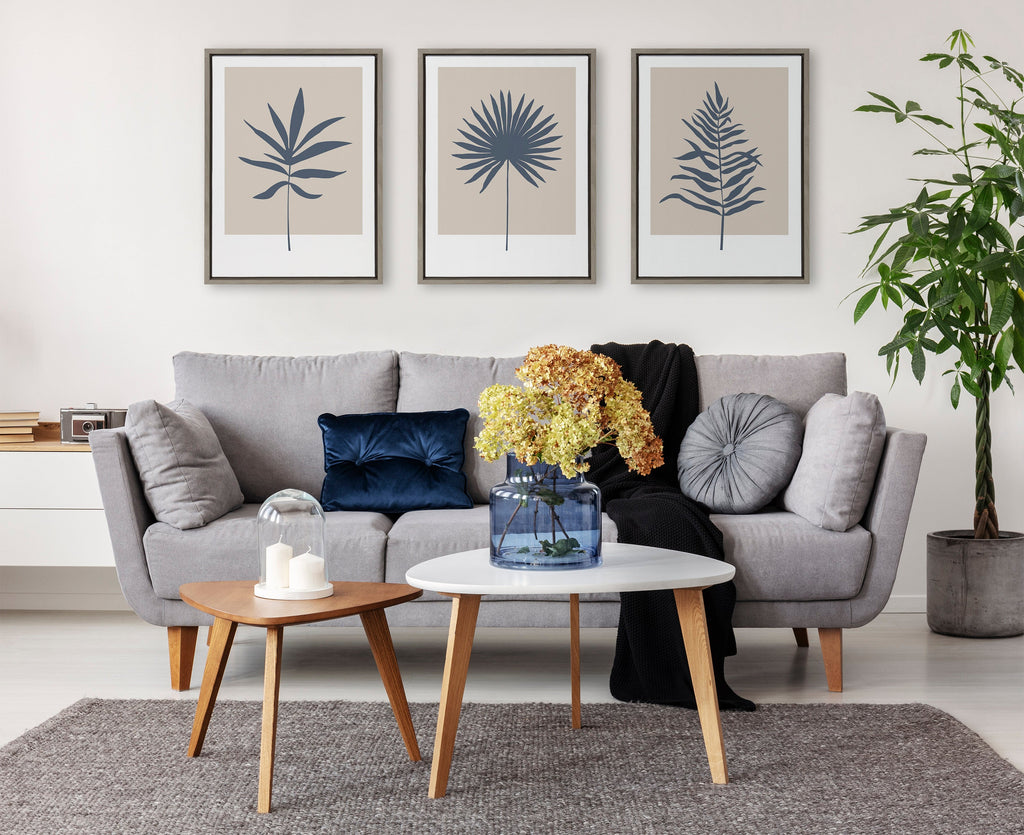 Sylvie Muted Tan and Blue Colorblock Botanical Fern Framed Canvas by The Creative Bunch Studio