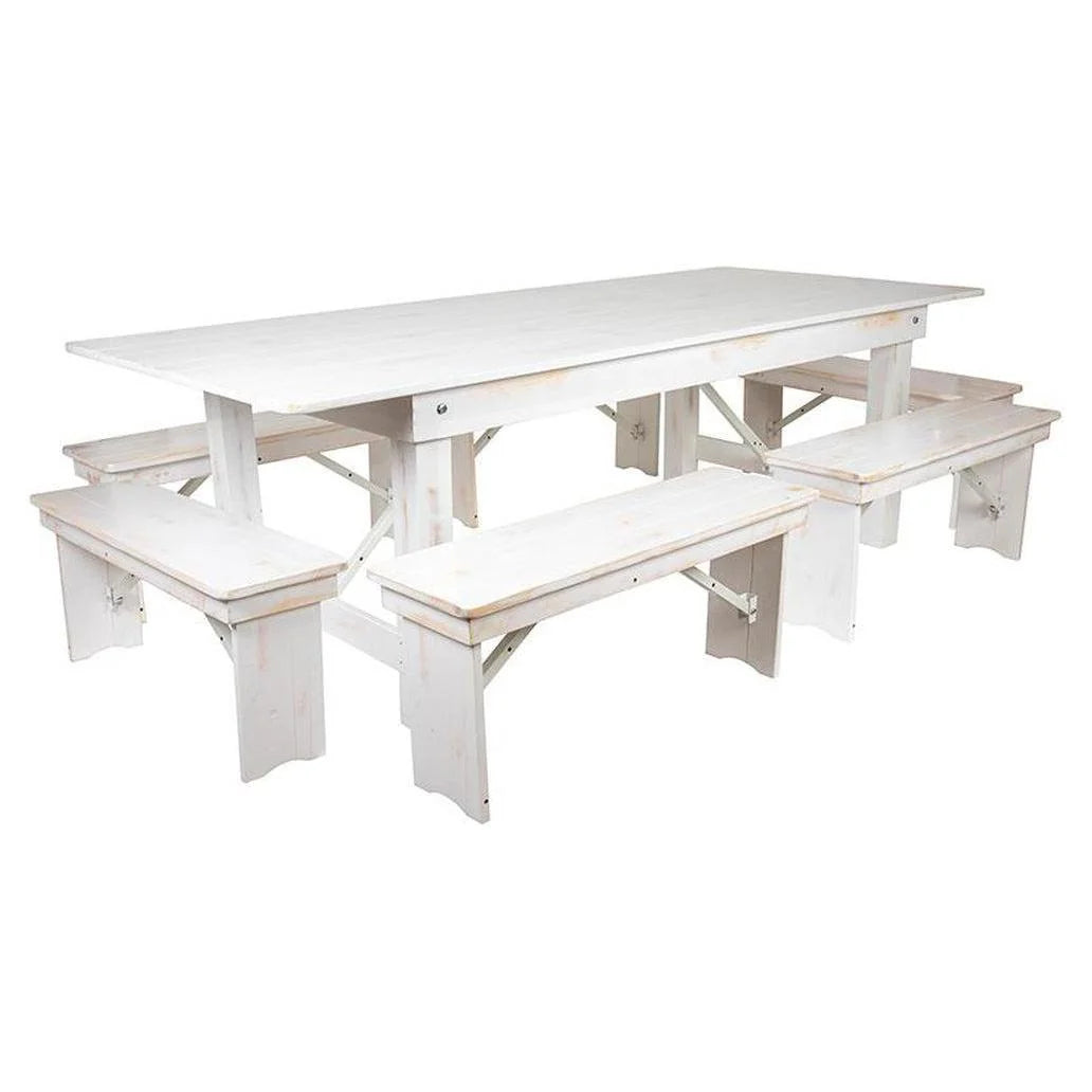 HERCULES Series 8 x 40 Antique Rustic White Folding Farm Table and Six Bench Set