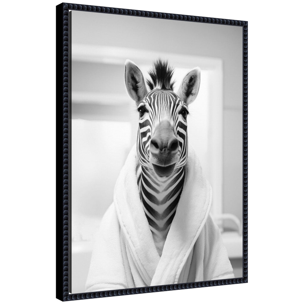 Sylvie Zebra Bathroom Art Towel Robe Black and White Framed Canvas by The Creative Bunch Studio