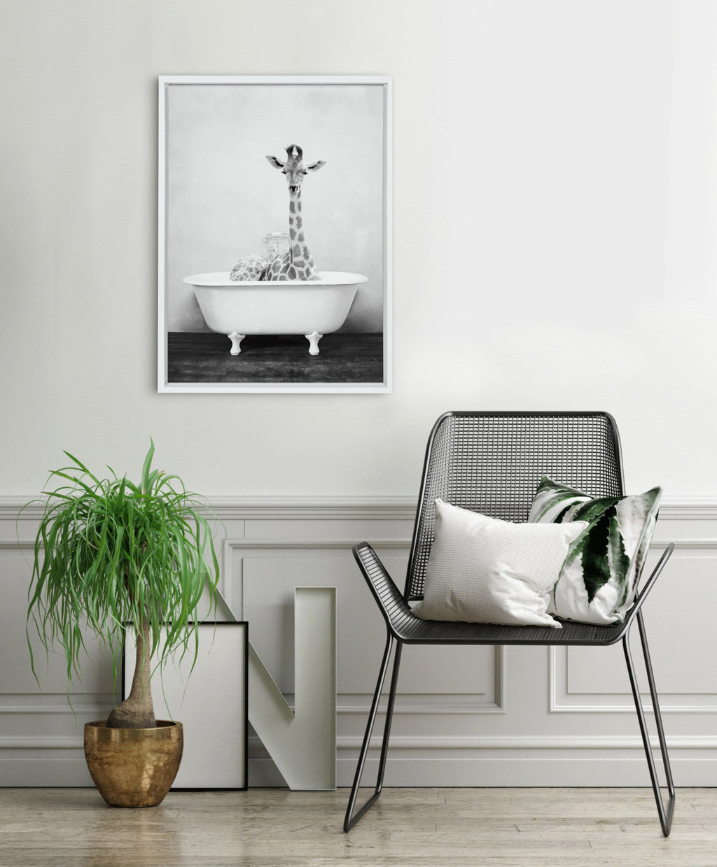 Sylvie Giraffe 2 in the Tub Framed Canvas by Amy Peterson Art Studio