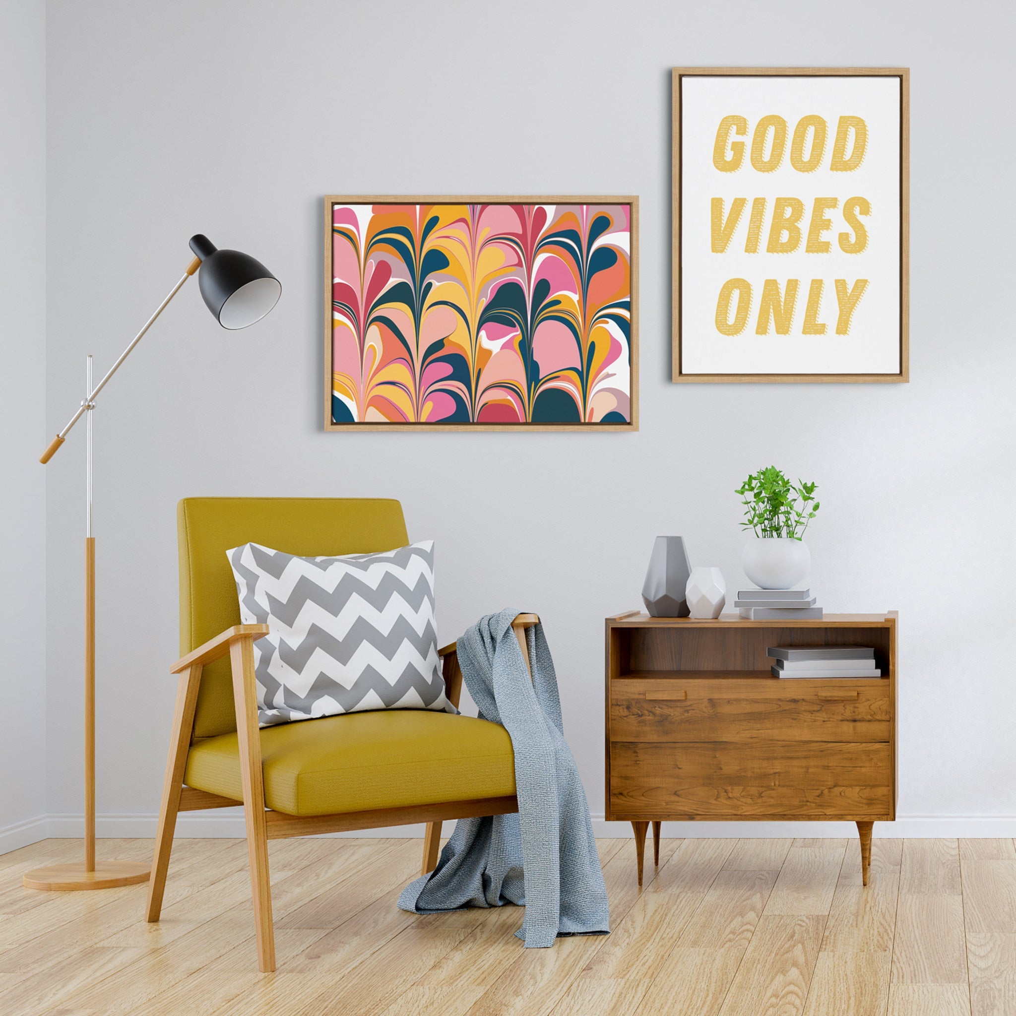 Sylvie Good Vibes Only in Yellow Framed Canvas by Apricot and Birch