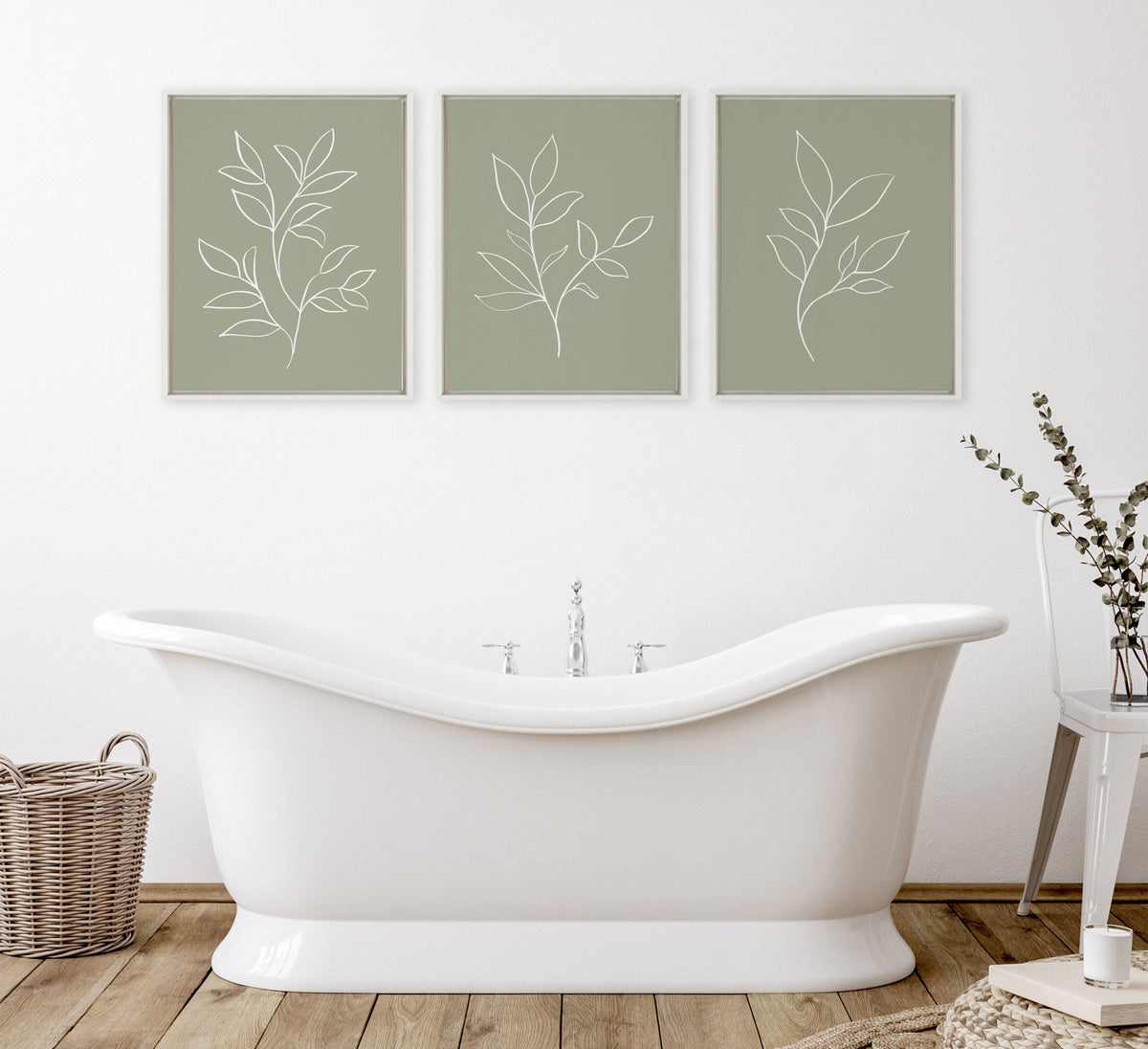 Sylvie Modern Sage Green Botanical Line Sketch Print 1, 2 and 3 Framed Canvas by The Creative Bunch Studio